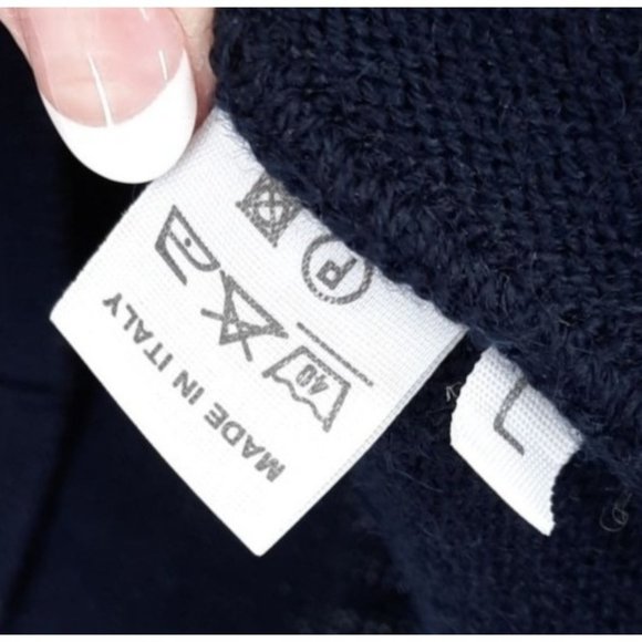 VTG 90s Kingfield Navy Blue Wool V-Neck Geometric Embroidered Velvet Sweater L - Picture 9 of 10